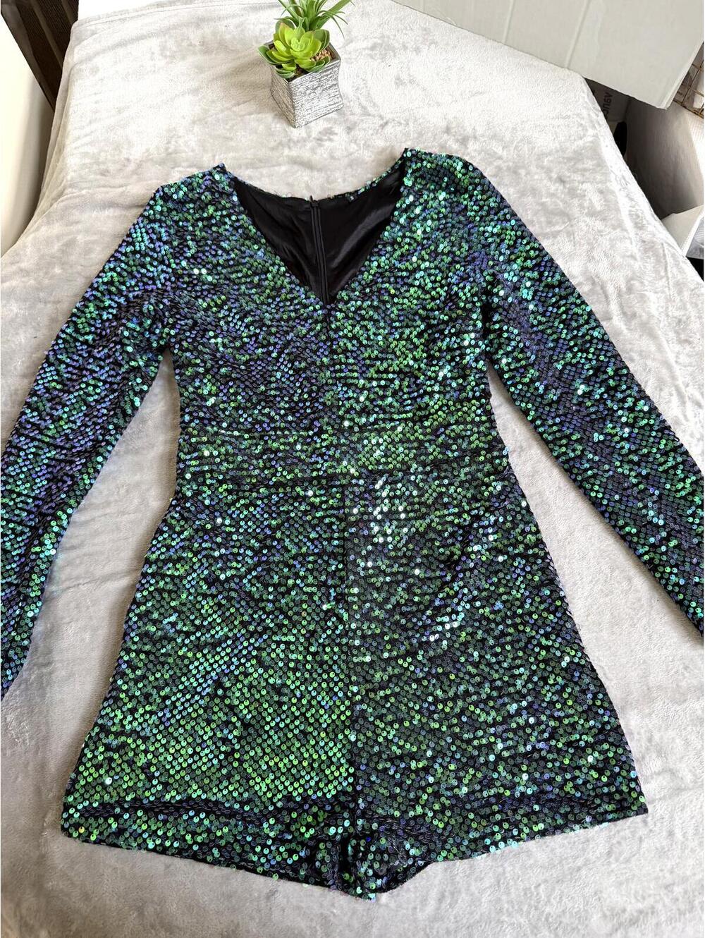Women's Iridescent Sequin Long Sleeve Romper Small